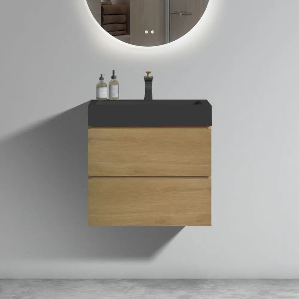 Alice - Natural Oak Bathroom Vanity Sink, Roomy Storage Wall Mounted Floating Bathroom Vanity Modern Bathroom, One-Piece S...