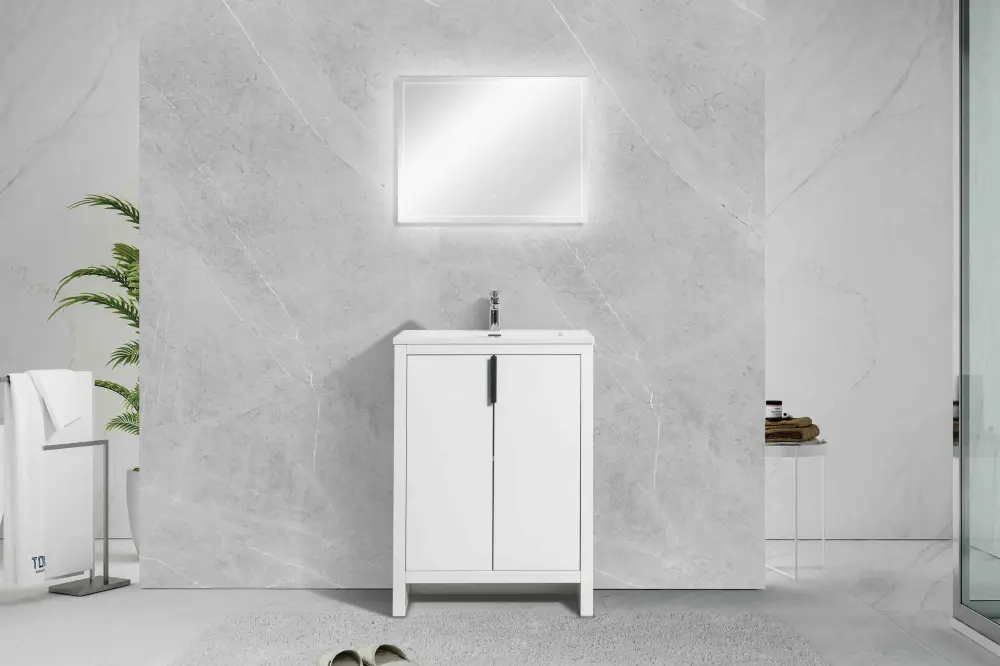 24" W Freestanding Unitary Bathroom Vanity White Gloss Quartz Integrated Sink LV14-24W