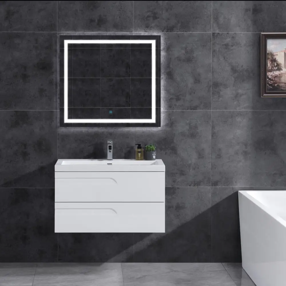 36" Wall Mount Single Sink Bathroom Vanity White Gloss Square Counter Top LV7W-36W