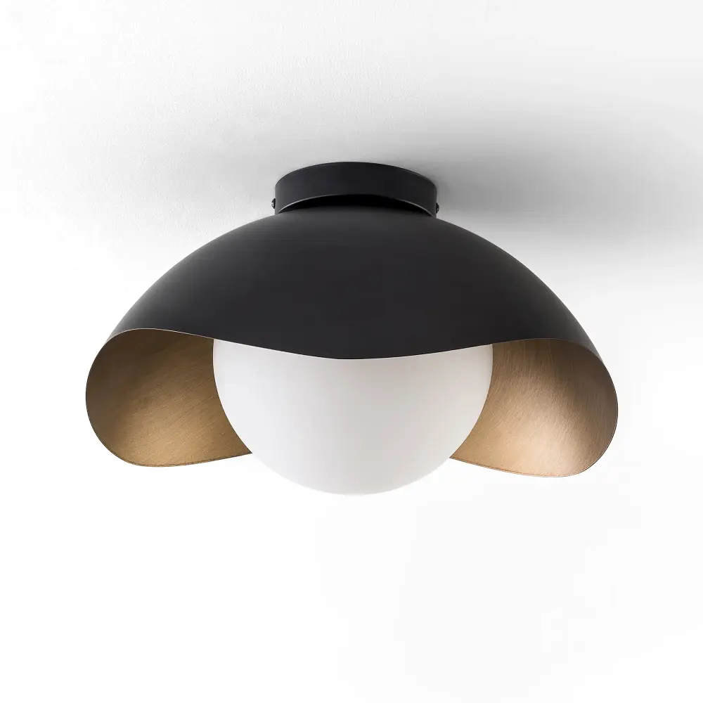 Halo 15.5" 1-Light Modern Globe Flush Mount Ceiling Light Opal Glass, Soft-touch Black/White Exterior & Gold Interior Shel...
