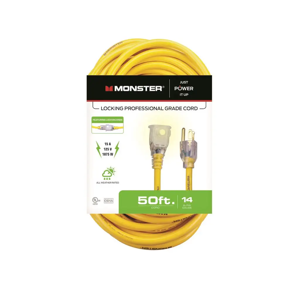 Monster 1504 Extension Cord Yellow 50 ft 12/3 SJTW Heavy Duty Outdoor Power Cable