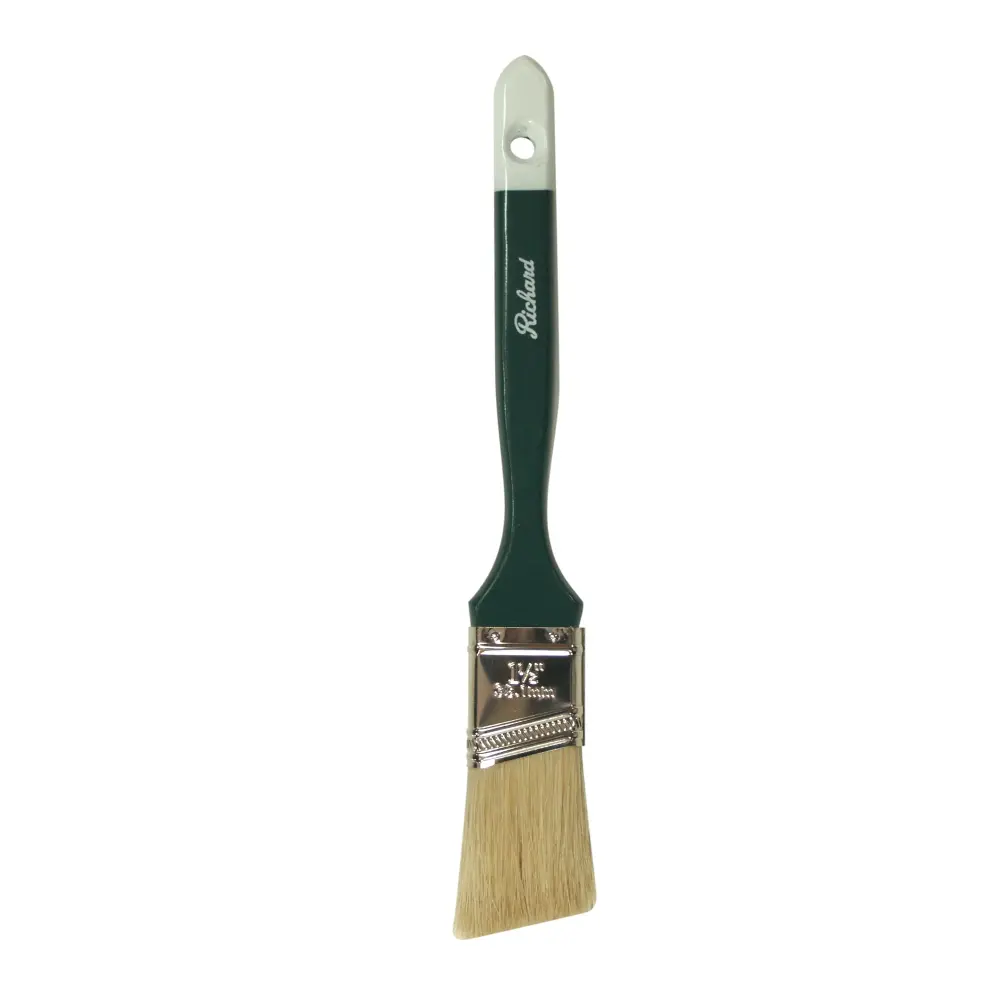 1 1/2" Angular Paint Brush, White Bristle, Long Green Handle, Snow Tip
