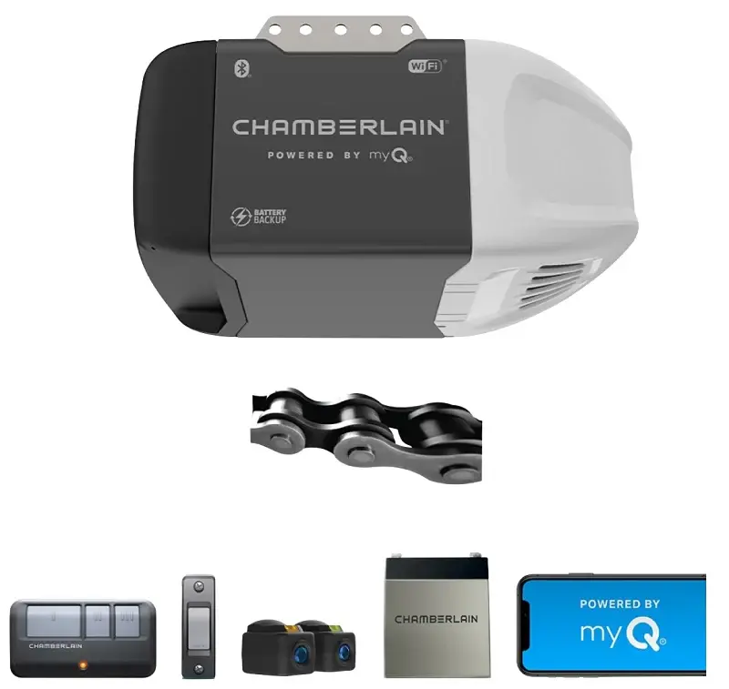 Chamberlain C2212T Garage Door Opener, Battery, Chain Drive, OS: myQ and Security+ 2.0, Pewter