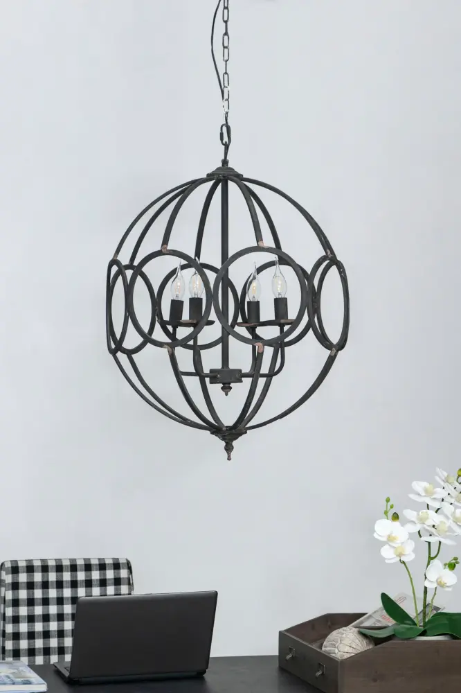 4 Light Metal Chandelier, Hanging Light Fixture Flexible Chain Kitchen, Bulb Not Included - Black Dusk to Dawn