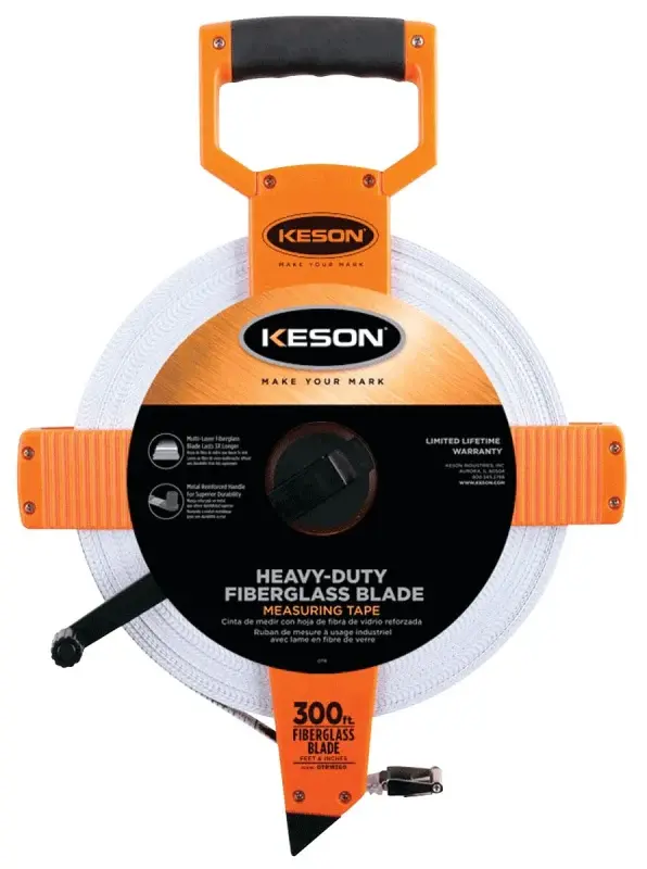 Keson OTR18300 Tape Measure, 300 ft L Blade, 1/2 W Blade, Grp Blade, ABS Case, Pumpkin Case