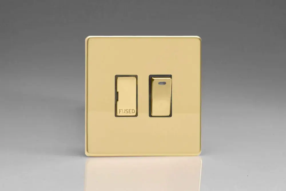 Varilight 13A Switched Fused Spur + Neon Steel Inserts Polished Brass XDV6NDS
