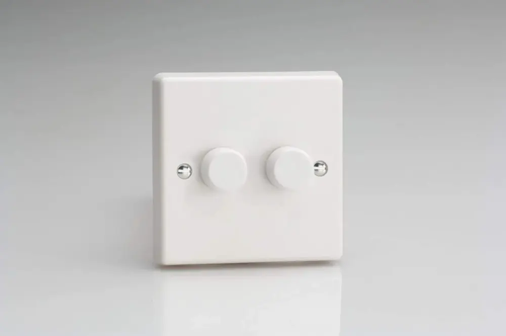 Varilight 2-Gang 1 or 2 Way 2x250 Watt Push on/Push Off Standard Dimmer Switch Iconic White Plastic HQ4W