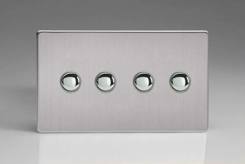 Varilight 4-Gang 6A 1- or 2-Way Push-On/Off Impulse Switch (Twin Plate) Satin-brushed Steel XDSP4S