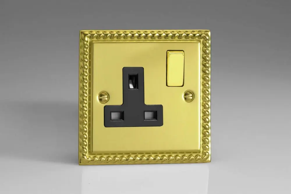 Varilight Classic Georgian Chrome 1-Gang 13A Gang Plug Socket Decorative & Ebony Inserts XG4DB