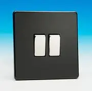 Varilight Flat Plate Screwless Jet Ebony 2-Gang Intermediate 10A Switch Polished Chrome Inserts XDL77S