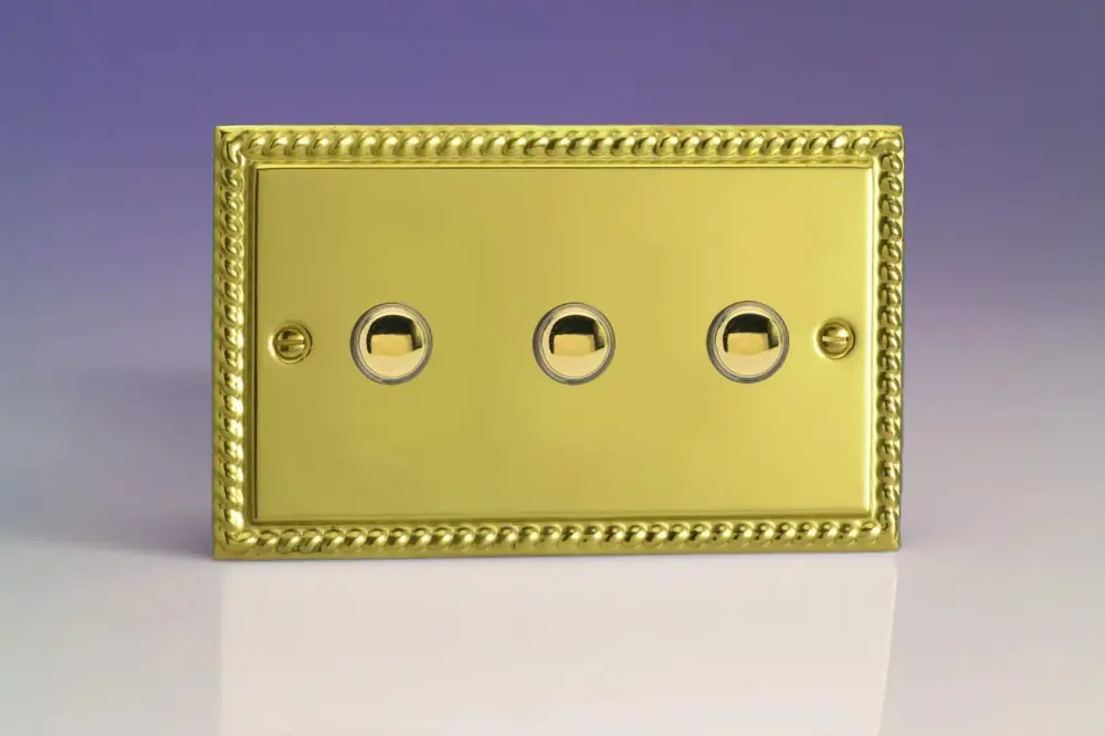 Varilight Traditional Georgian Brass Effect, 3 Gang (Triple) 1 or 2 way 6 Amp Push-on Push-off Switch (impulse) Polished B...