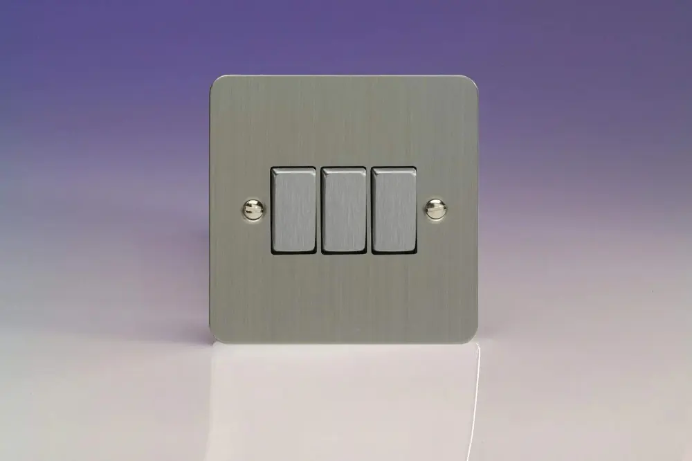 Varilight Ultra Flat Plate Brushed Chrome Metal Inserts 3 Gang 2 Way 10A Buoyant Switch XFS3D - 600W Incandescent