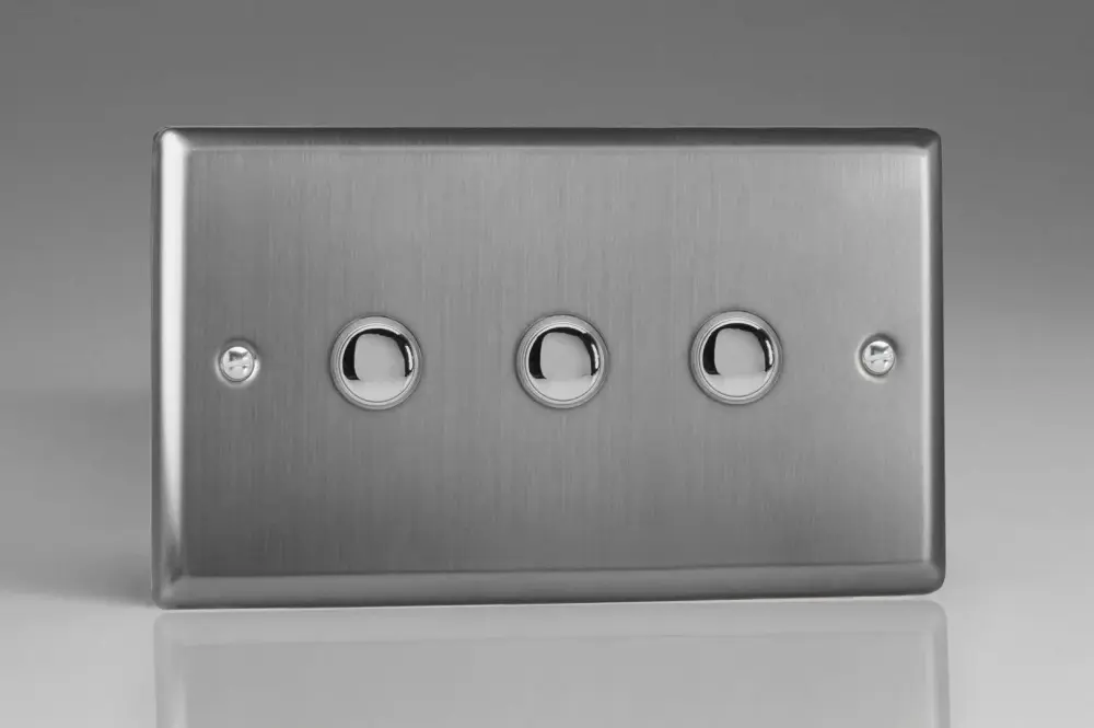 Varilight XTM3 Classic Brushed Chromed 3 Gang 6A 1 or 2 Way Push-On/Off Impulse Switch