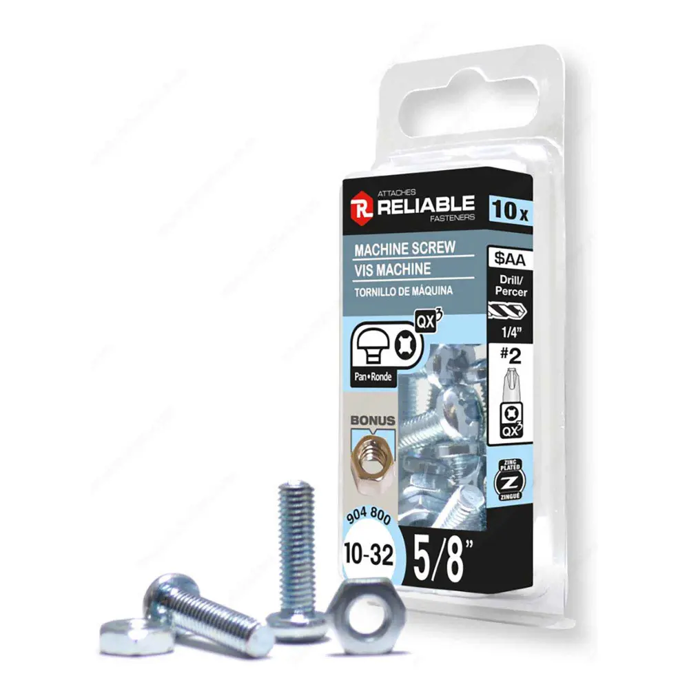 Zinc Plated Machine Pan Head Screw Nut and Quadrex Drive, 10-32 x 5/8" (10 Units)