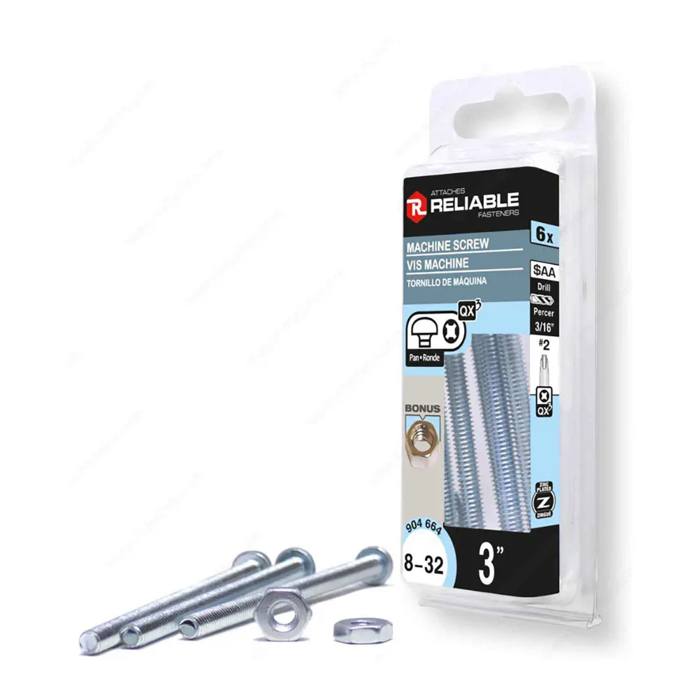 Zinc Plated Machine Pan Head Screw Nut and Quadrex Drive, 8-32 x 3" (6 Units)