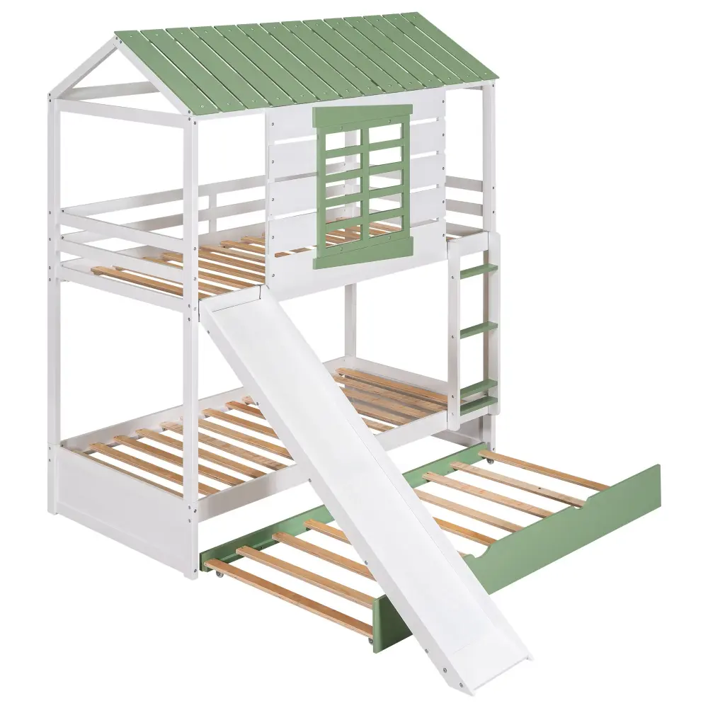 Twin Over Twin House Bunk Bed Convertible Slide And Trundle - Pearl